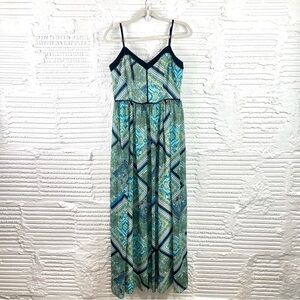 Bisou Bisou NWT Handkerchief Maxi Sundress Blue & Black Empire Waist Lined SZ 10